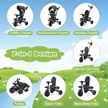BABY JOY Tricycle, 7 in 1 Folding Toddler Bike w/Removable Push Handle, Rotatable Seat, Adjustable C...