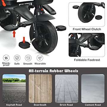 BABY JOY Tricycle, 7 in 1 Folding Toddler Bike w/Removable Push Handle, Rotatable Seat, Adjustable Canopy, Safety Harness, Storage, Cup Holder, Trike for 1-5 Year Old, Tricycle for Toddlers (Black)