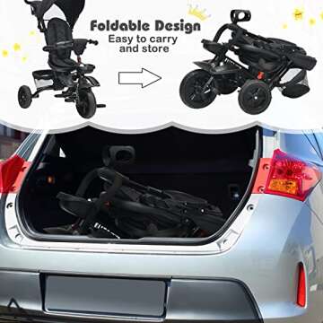 BABY JOY Tricycle, 7 in 1 Folding Toddler Bike w/Removable Push Handle, Rotatable Seat, Adjustable Canopy, Safety Harness, Storage, Cup Holder, Trike for 1-5 Year Old, Tricycle for Toddlers (Black)