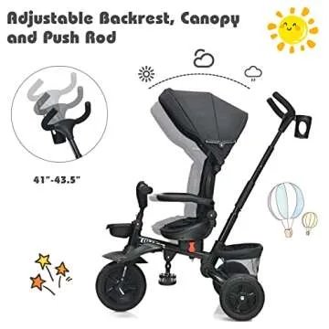 BABY JOY Tricycle, 7 in 1 Folding Toddler Bike w/Removable Push Handle, Rotatable Seat, Adjustable Canopy, Safety Harness, Storage, Cup Holder, Trike for 1-5 Year Old, Tricycle for Toddlers (Black)