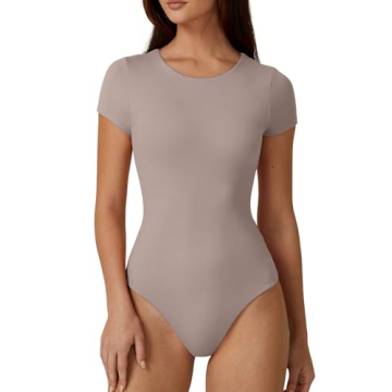 QINSEN Sexy Bodysuit for Women Crewneck High Cut Thong Tops Short Sleeve Shirt Coca Mocha S