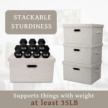 Graciadeco Medium 15" 21 Quart Collapsible Stackable Storage Bins with Lids, 3 Packs Beige Foldable Fabric Closet Boxes Heavy-duty Linen Cube Baskets Container for Bedroom Office (15 x 11 x 8)
