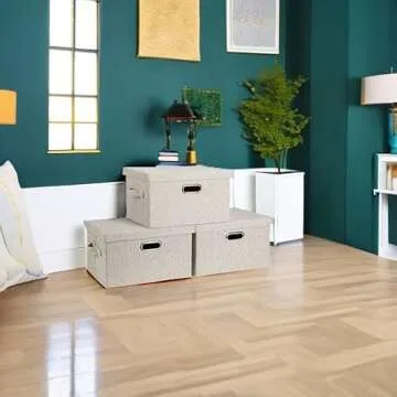 Graciadeco Medium 15" 21 Quart Collapsible Stackable Storage Bins with Lids, 3 Packs Beige Foldable Fabric Closet Boxes Heavy-duty Linen Cube Baskets Container for Bedroom Office (15 x 11 x 8)