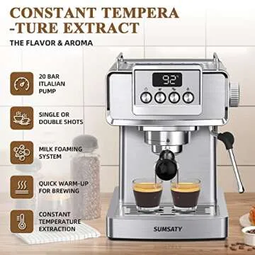 SUMSATY Espresso Machine, Stainless Steel Espresso Machine with Milk Frother for Latte, Cappuccino, Machiato,for Home Espresso Maker, 1.8L Water Tank, 20 Bar