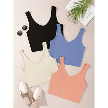 Milumia Women's 4 Pack Ribbed Knit V Neck Sleeveless Plain Fitted Crop Tank Top Set Pink Black Beige Blue Small