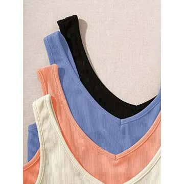 Milumia Women's 4 Pack Ribbed Knit V Neck Sleeveless Plain Fitted Crop Tank Top Set Pink Black Beige Blue Small