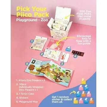 Piico Unflavored Kids Floss - No Fluoride Dual Line Dental Floss Picks - Fun Oral Care in Colorful Floss Sticks Design - Flossers Prevent Tooth Decay & Gum Disease - 300 Playground Zoo & Travel Case