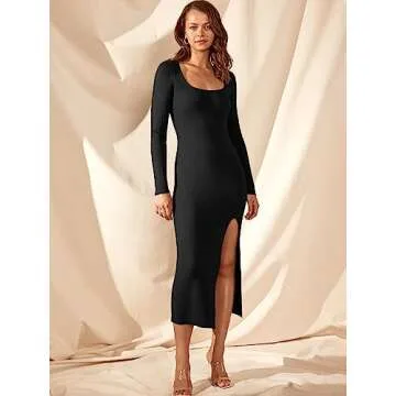 ANRABESS Women's Long Sleeve Sweater Dress Square Neck Side Slit Bodycon Ribbed Knit Slim Fit 2024 Fall Midi Dress Black Large