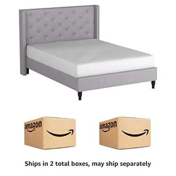 Homelife Queen Platform Bed frame with Light Grey Linen Upholstery Modern 51" Tall Headboard - Sturdy Wood Slat Support Design No Box Spring Required