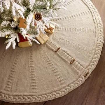 LimBridge Knitted Christmas Tree Skirt: 60 Inch Extra Large Beige Tree Skirt, Chunky Cable Knit Thic...