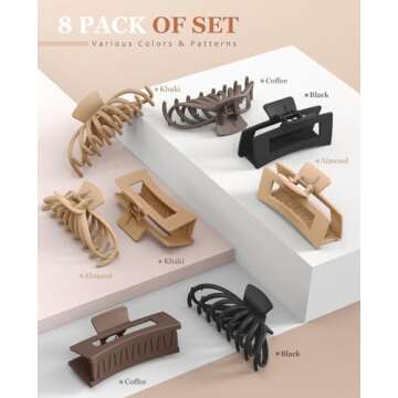 OPAUL Large Matte Square Nonslip Hair Claw Clips, 4.75" Strong Hold Big Neutral Hair Accessories for Long Hair for Women and Girls (8 Pack)