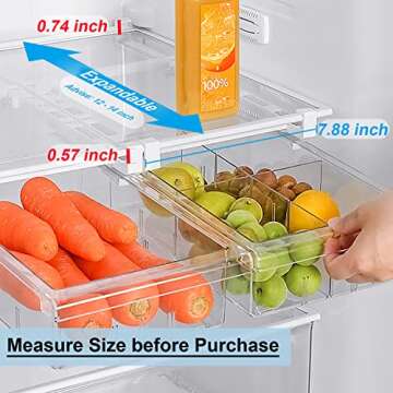 Yatmung Fridge Drawer organizer and storage clear box, under shelf drawer refrigerator for Egg/Fruit/Vegetable, refrigerator organizer bins pull out drawer, Adjustable fridge storage containers 2-Pack