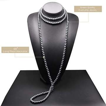 Gray Long Pearl Necklace for Women Layered Faux Pearls Strand Necklace Costume Jewelry, 69",Diameter Pearl 8MM