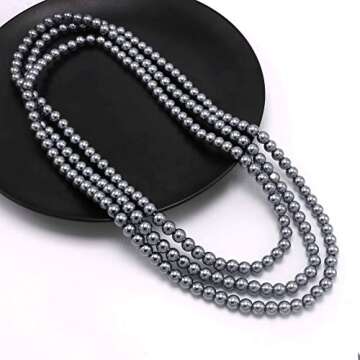 Gray Long Pearl Necklace for Women Layered Faux Pearls Strand Necklace Costume Jewelry, 69",Diameter Pearl 8MM