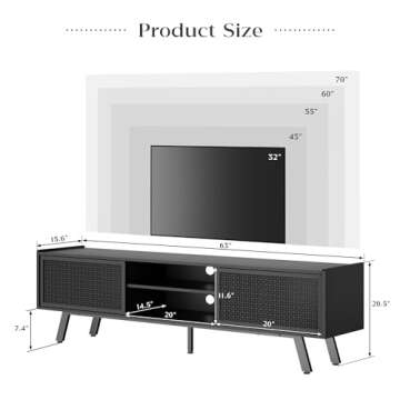 Buytime Black TV Stand for 65 70 Inch TV, Modern Iron Rattan TV Console with Sliding Door, Entertain...