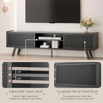 Buytime Black TV Stand for 65 70 Inch TV, Modern Iron Rattan TV Console with Sliding Door, Entertainment Center with Storage and Adjustable Shelves, Media Console for Living Room and Bedroom