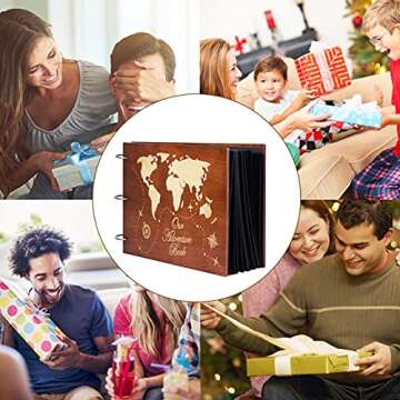 PartyKindom Wooden Photo Album Scrapbook DIY Photo Book, Travel Album Our Adventure Book Scrapbook Supplies, Wooden Self- Adhesive Vintage Map Handmade Memory Book Anniversary Album for Birthday