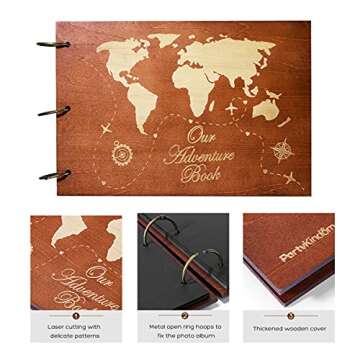 PartyKindom Wooden Photo Album Scrapbook DIY Photo Book, Travel Album Our Adventure Book Scrapbook Supplies, Wooden Self- Adhesive Vintage Map Handmade Memory Book Anniversary Album for Birthday