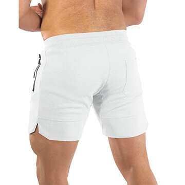 PIDOGYM Men's 5" Gym Workout Shorts,Fitted Jogging Short Pants for Bodybuilding Running Training with Zipper Pockets White