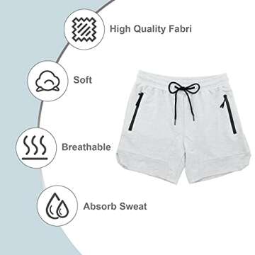 PIDOGYM Men's 5" Gym Workout Shorts,Fitted Jogging Short Pants for Bodybuilding Running Training with Zipper Pockets White