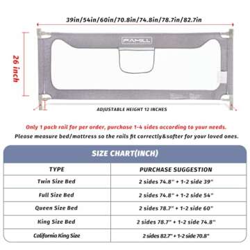 FAMILL Bed Rail for Toddlers with U-Shaped Base, Toddler Bed Rails Baby Guard for King/Twin/Full Size, Grey, 1 Piece, 74.8"