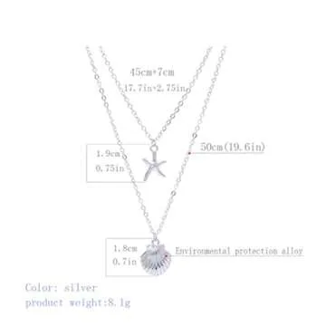 Tgirls Boho Starfish Layered Necklace Shell Pendant Necklace Silver Necklaces Chain for Women (Silver)