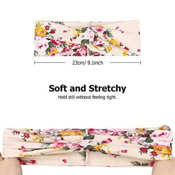 DRESHOW 4 Pack Headbands Vintage Elastic Printed Head Wrap Stretchy Moisture Hairband Twisted Cute Hair Accessories, Black, Navy, Pink, Yellow, One Size