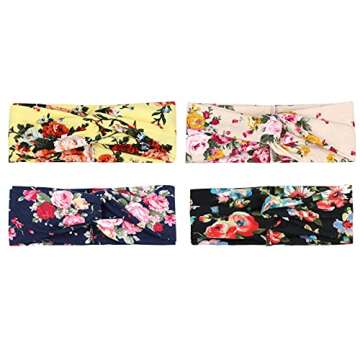 DRESHOW 4 Pack Headbands Vintage Elastic Printed Head Wrap Stretchy Moisture Hairband Twisted Cute Hair Accessories, Black, Navy, Pink, Yellow, One Size