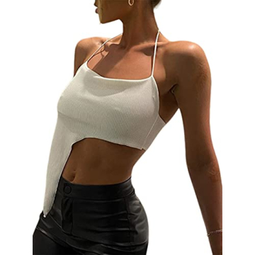 Remidoo Women's Sexy Halter Crop Top Asymmetrical Hem Ribbed Knit Cami Tank Tops White Small