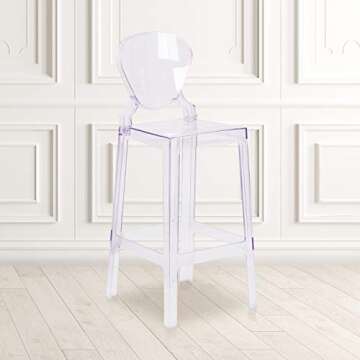 Flash Furniture Theo Ghost Barstool with Tear Back in Transparent Crystal