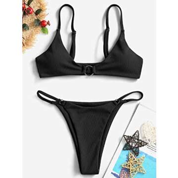 ZAFUL Women's Stylish Ribbed O-Ring Bikini Swimsuit