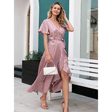 Miessial Women's Summer Chiffon V Neck Ruffle Maxi Dress Polka Dot Long Beach Wrap Dress (6/8, Pink)