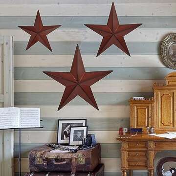 JoyEvy 6" 9" 12"（3pieces Red Black Barn Star Texas Stars Art-Metal Stars for Outside Rustic Vintage Western Wall Decor Country Home Farmhouse Wall Decorations