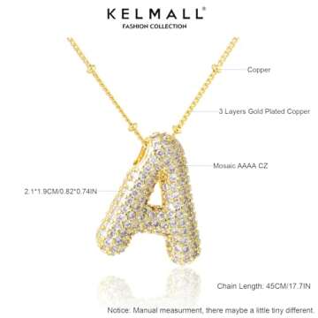 KELMALL Cubic Zirconia Bubble Initial Letter Necklace for Women - Elegant Gold Plated A-Z Alphabet Name Pendant Necklace with Rhinestone - Personalized Gift