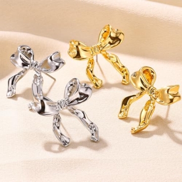 Gold Silver Bow Earrings Women Trendy Hypoallergenic Jewelry