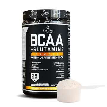 Sascha Fitness BCAA 4:1:1+Glutamine, HMB, L-Carnitine, HICA|Powerful and Instant Powder Blend with Branched Chain Amino Acids(BCAAs)for Pre, Intra and Post-Workout,Natural Mango Coconut Flavor,362.5g