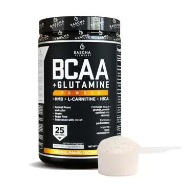 Sascha Fitness BCAA 4:1:1+Glutamine, HMB, L-Carnitine, HICA|Powerful and Instant Powder Blend with Branched Chain Amino Acids(BCAAs)for Pre, Intra and Post-Workout,Natural Mango Coconut Flavor,362.5g