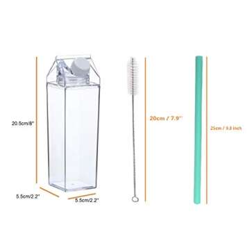 Fanovo 17oz Milk Carton Water Bottle Clear Milk Bottles Transparent Drinking Cup Reusable Creative Eco Leakproof Bottles with 2 Silicone Straws & 2 Cleanning Brushes for Camping Sports Travel