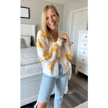 ECOWISH Women's Cardigan Sweaters - Floral Knit Open Front Crop Cardigans Long Sleeve Sweater Outwear Tops Beige L