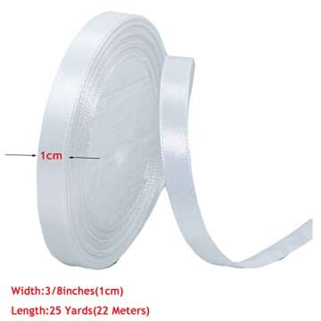 White Ribbon 3/8 Inches x 25 Yards, Satin Fabric Silk Ribbon for Gift Wrapping, Bows Making, Floral ...