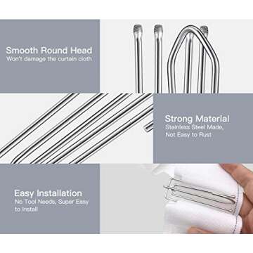 VRSS Stainless Steel 2.7 inch Long 4-Prong Curtain Pleat Tape Hooks, Pinch Pleat Curtain Hooks for Pleated Drapes(30Pcs)
