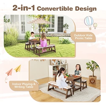 HONEY JOY Kids Picnic Table Set w/ Cushions & Umbrella