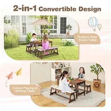HONEY JOY Kids Picnic Table Set w/ Cushions & Umbrella