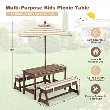 HONEY JOY Kids Picnic Table Set w/ Cushions & Umbrella