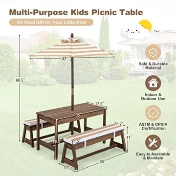 HONEY JOY Kids Picnic Table Set w/ Cushions & Umbrella