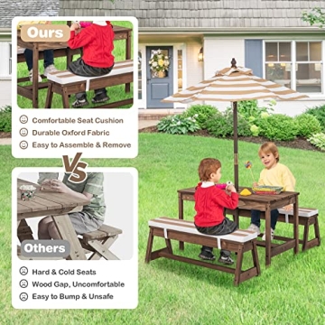 HONEY JOY Kids Picnic Table Set w/ Cushions & Umbrella