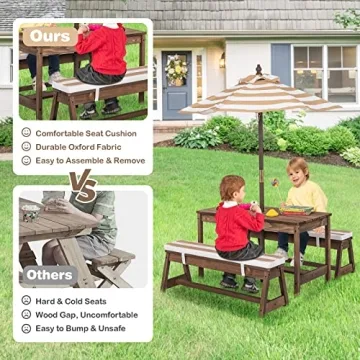 HONEY JOY Kids Picnic Table Set w/ Cushions & Umbrella
