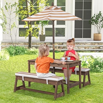 HONEY JOY Kids Picnic Table Set w/ Cushions & Umbrella