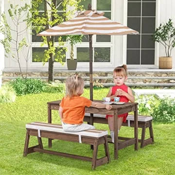 HONEY JOY Kids Picnic Table Set w/ Cushions & Umbrella