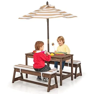 HONEY JOY Kids Picnic Table Set w/ Cushions & Umbrella